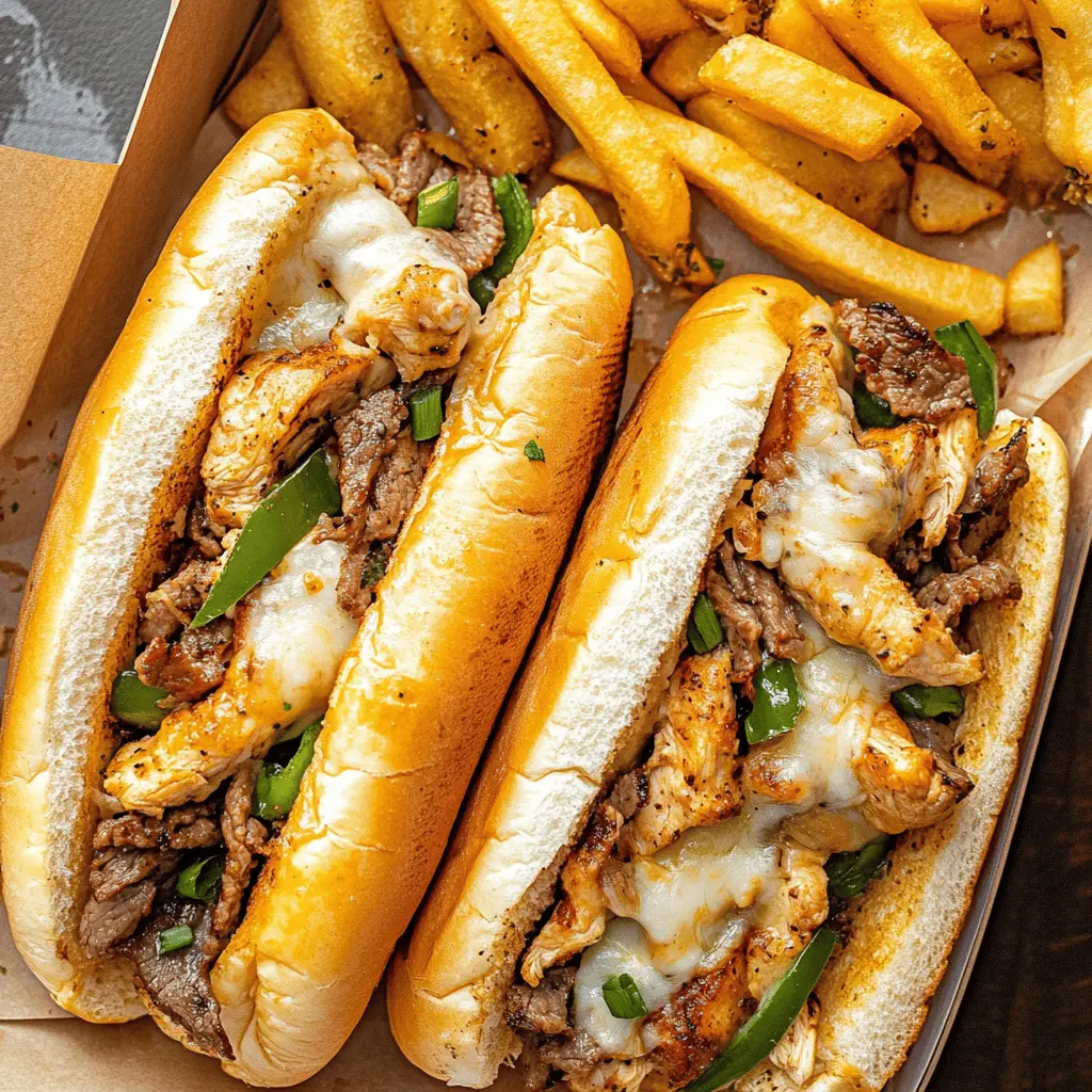 Satisfy your hunger with these delicious Chicken Cheese Steak Sandwiches! Perfectly marinated chicken, melted cheese, and sautéed veggies come together in a soft roll for a tasty meal. This easy recipe is great for weeknight dinners or weekend gatherings. Save this pin to whip up these sandwiches at your next BBQ or family get-together!