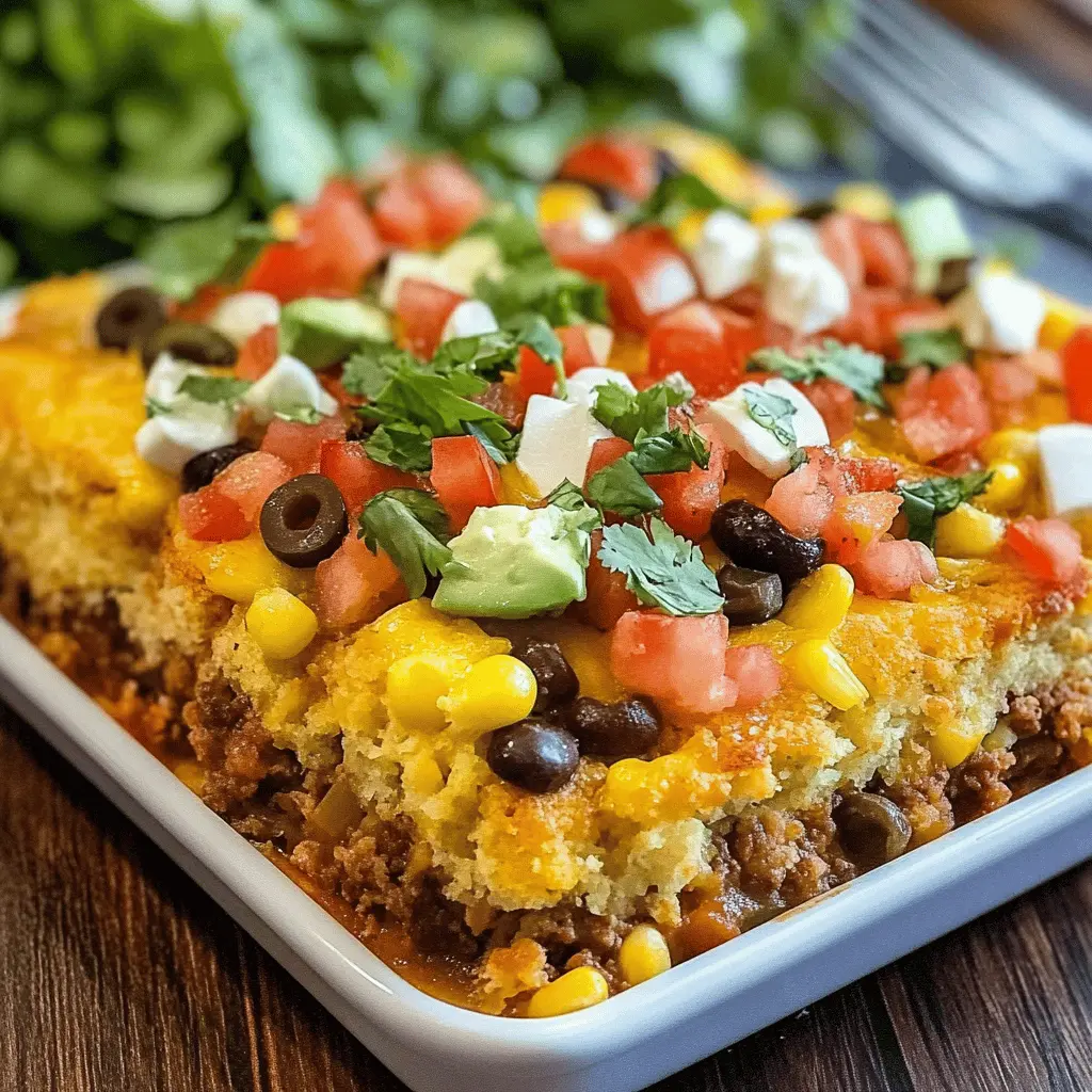 This Cornbread Taco Bake is a comforting twist on classic tacos! With layers of seasoned ground beef, zesty beans, and cheesy cornbread topping, it's perfect for a cozy family dinner. Easy to make and full of flavor, this dish is a hit for game nights or potlucks. Save this recipe for your next gathering and enjoy a delicious meal everyone will love!