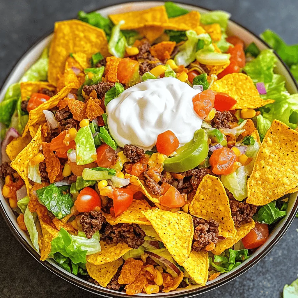 Looking for a quick and fun meal? This Doritos Taco Salad brings together the crunch of Doritos, seasoned beef, fresh veggies, and zesty dressing for a delightful dinner! Perfect for parties or busy weeknights. Save this recipe to your meal plan and impress your family or guests with a colorful, tasty dish that everyone will love!