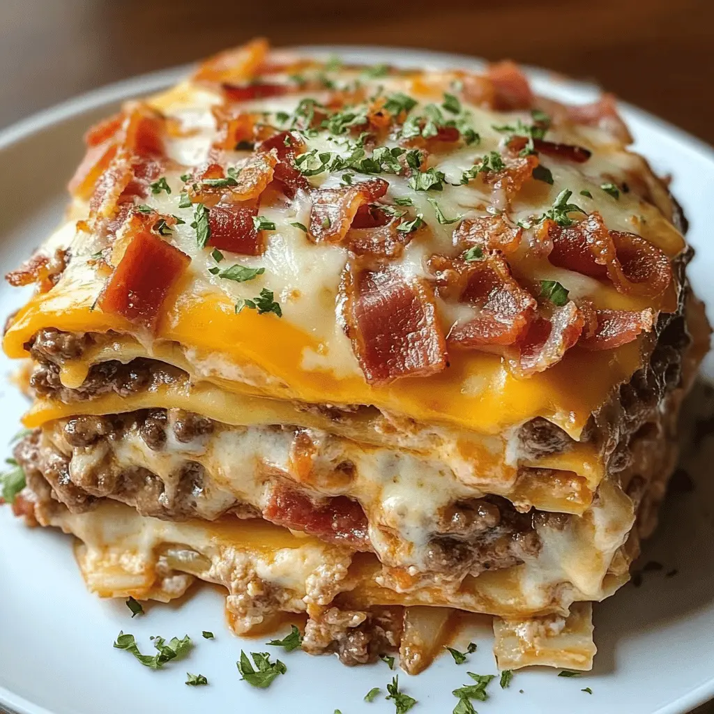 Layers of rich flavors come together in this Parmesan Garlic Bacon Cheeseburger Lasagna! Featuring gooey cheese, crispy bacon, and savory beef, this dish is a comforting twist on classic lasagna. Perfect for family dinners or gatherings, it's a crowd-pleaser that will have everyone coming back for seconds. Save this recipe for your next cozy night in or special occasion!