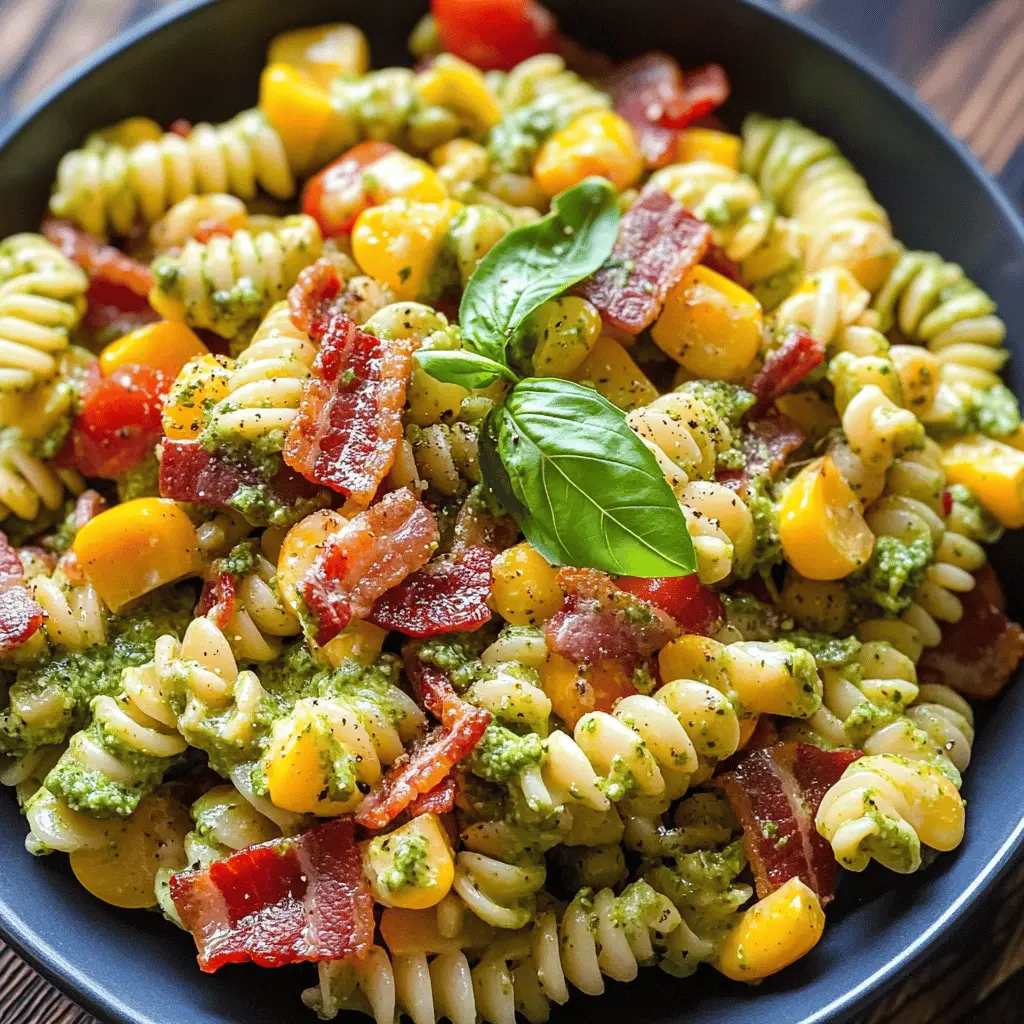 Easy Corn Pasta Salad with Bacon and Creamy Pesto
