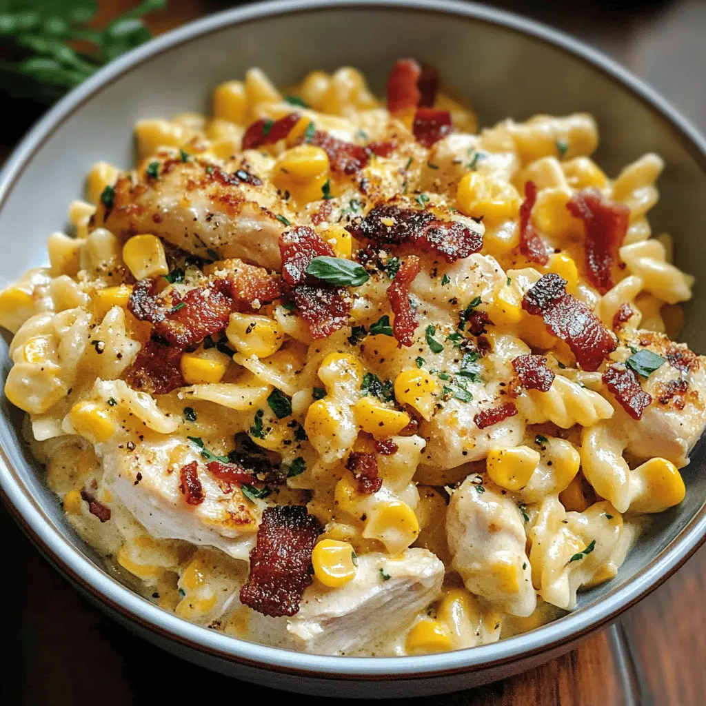Creamy Chicken Corn Pasta with Crispy Bacon
