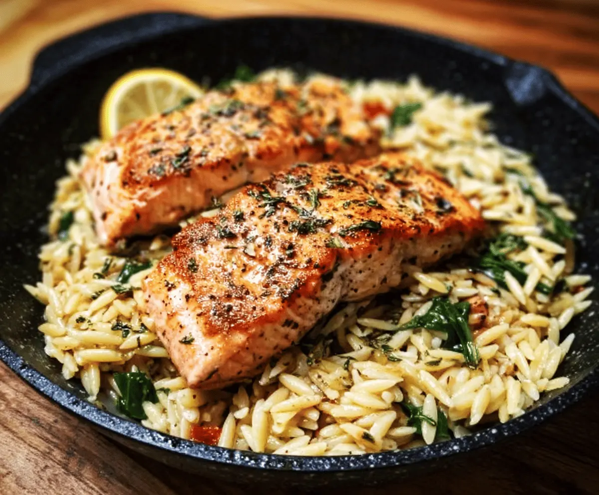 Easy One Skillet Salmon with Lemon Orzo