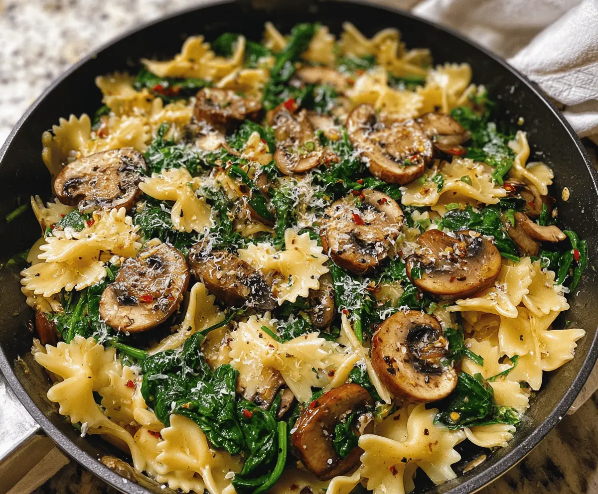 Easy Cheesy Parmesan Spinach Mushroom Pasta Skillet