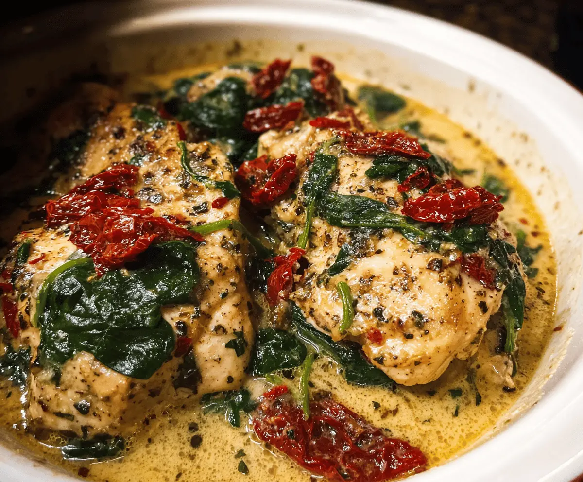 Easy Crockpot Tuscan Garlic Chicken With Spinach & Tomatoes