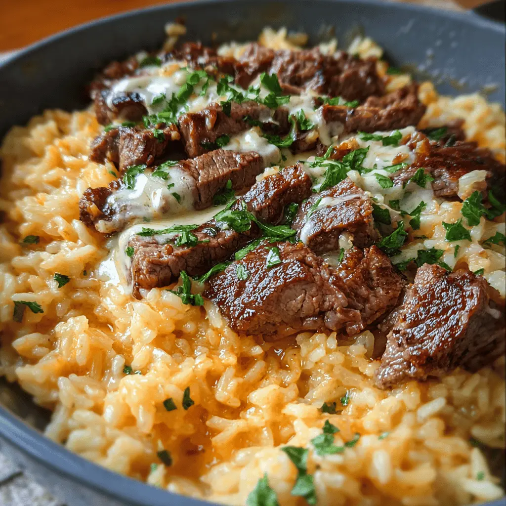 Creamy Queso Rice with Tender Steak Strips