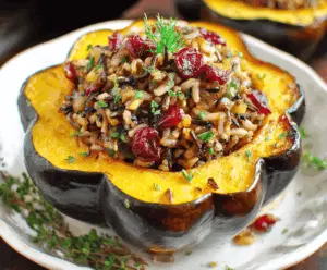 Brightly roasted acorn squash filled with savory wild rice and tart cranberries, perfect for a healthy, festive meal