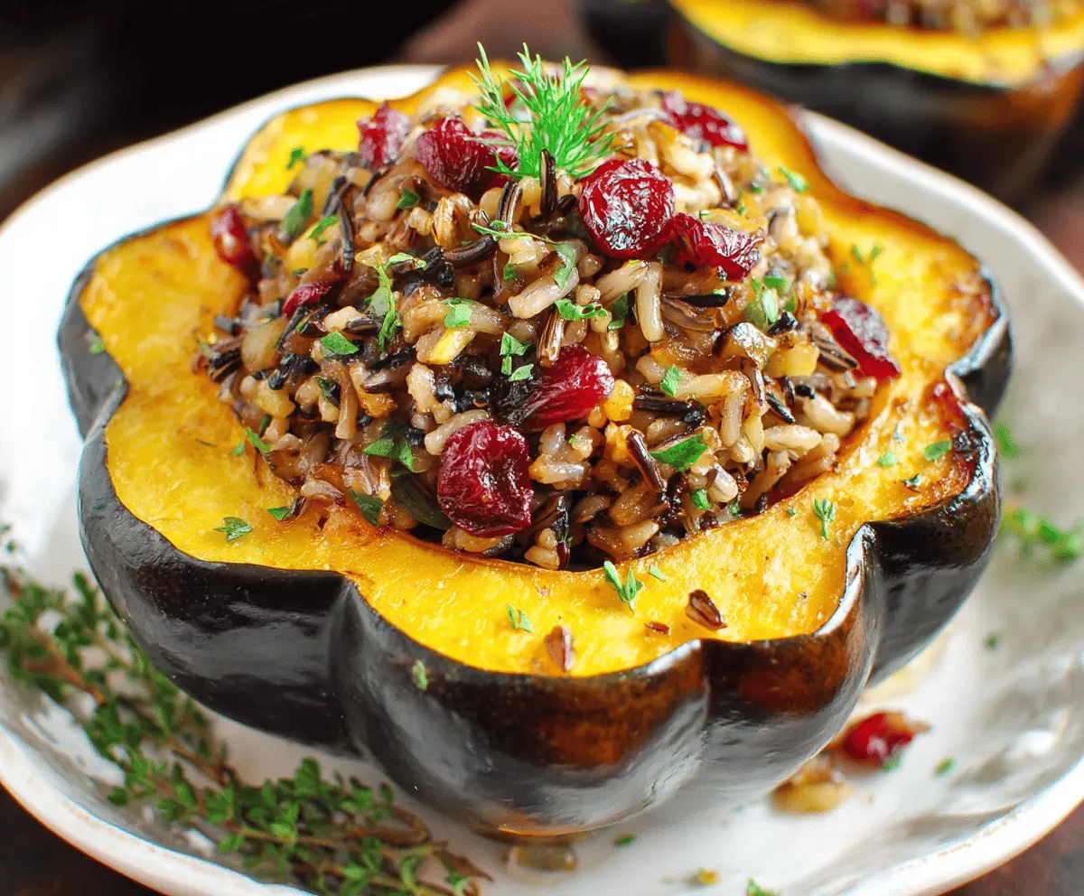 Brightly roasted acorn squash filled with savory wild rice and tart cranberries, perfect for a healthy, festive meal