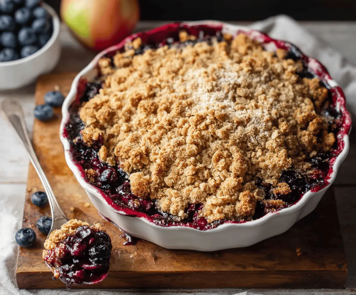 Delicious homemade Apple Blueberry Crisp topped with golden oat streusel, served in a rustic dish, perfect for a comforting dessert