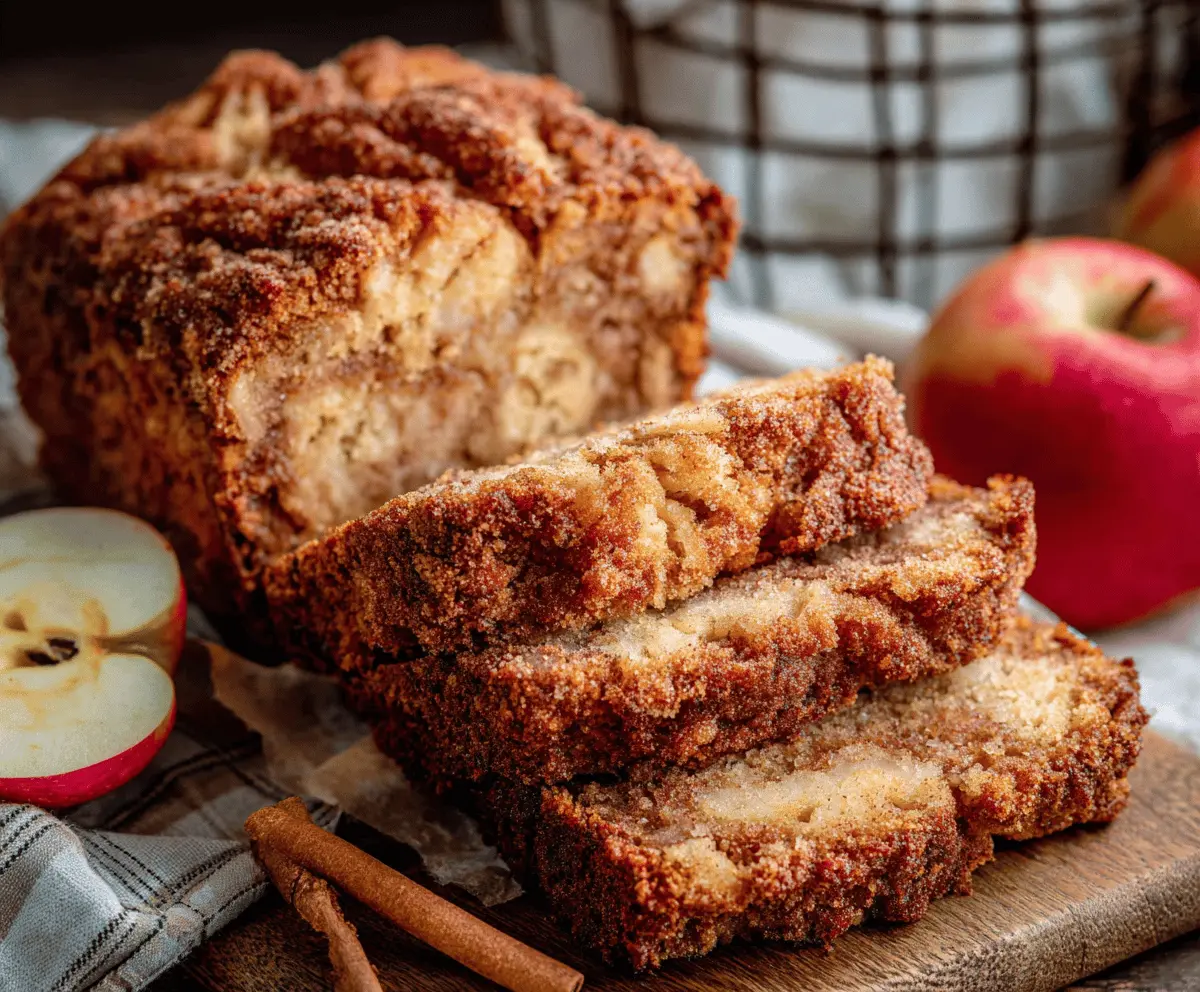 Homemade apple bread loaf with fresh apple slices and cinnamon, served on a rustic wooden table
