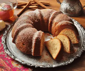 Delicious homemade apple cider pound cake topped with fresh apple slices and a drizzle of glaze, perfect for fall desserts.