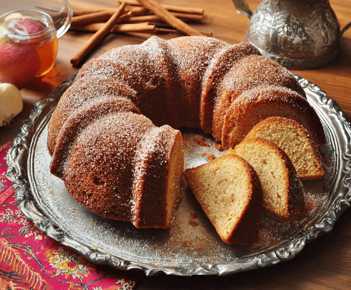 Delicious homemade apple cider pound cake topped with fresh apple slices and a drizzle of glaze, perfect for fall desserts.