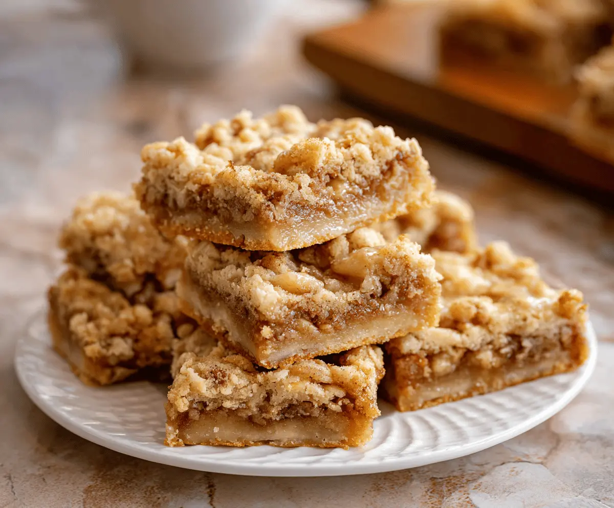 Delicious homemade apple crisp bars with golden topping and apple filling, perfect for a sweet dessert or snack.