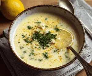 Creamy Greek Avgolemono Soup with tender chicken, rice, lemon, and fresh herbs in a bowl