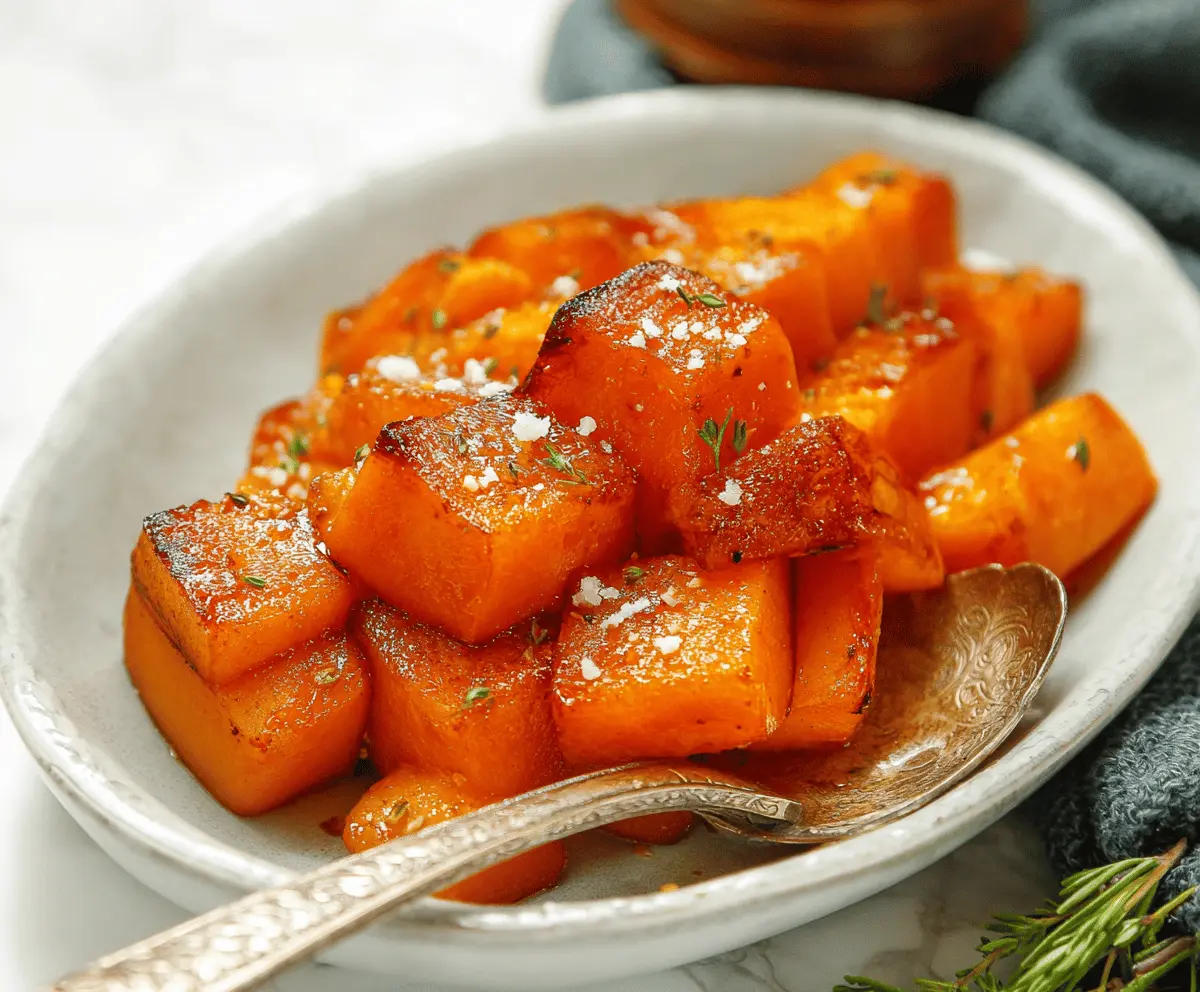 Delicious baked butternut squash topped with cinnamon butter, served as a cozy fall side dish.