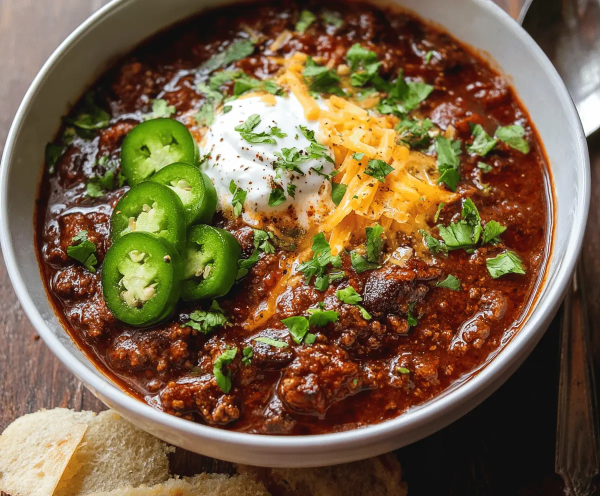Savory homemade beef chili topped with shredded cheese and fresh cilantro in a bowl, perfect for a hearty meal