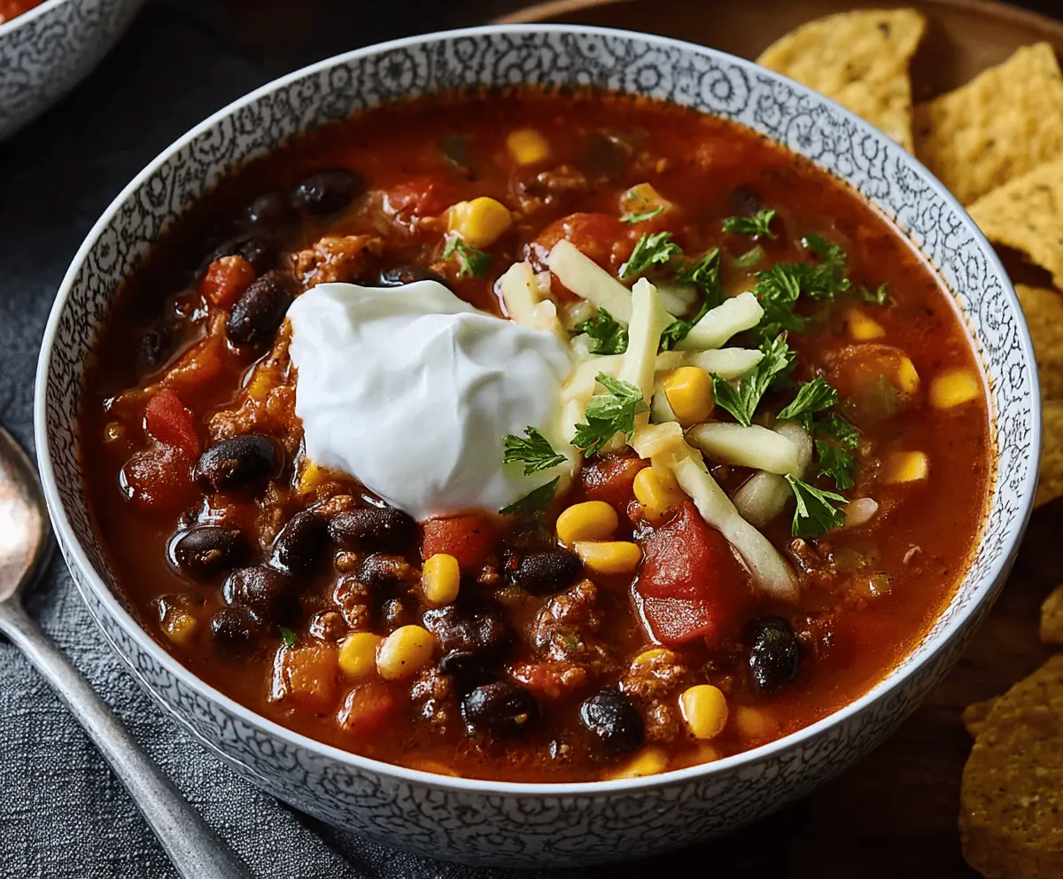 A bowl of Black Bean Taco Soup topped with shredded cheese, fresh cilantro, and lime wedges, served with tortilla chips on the side.