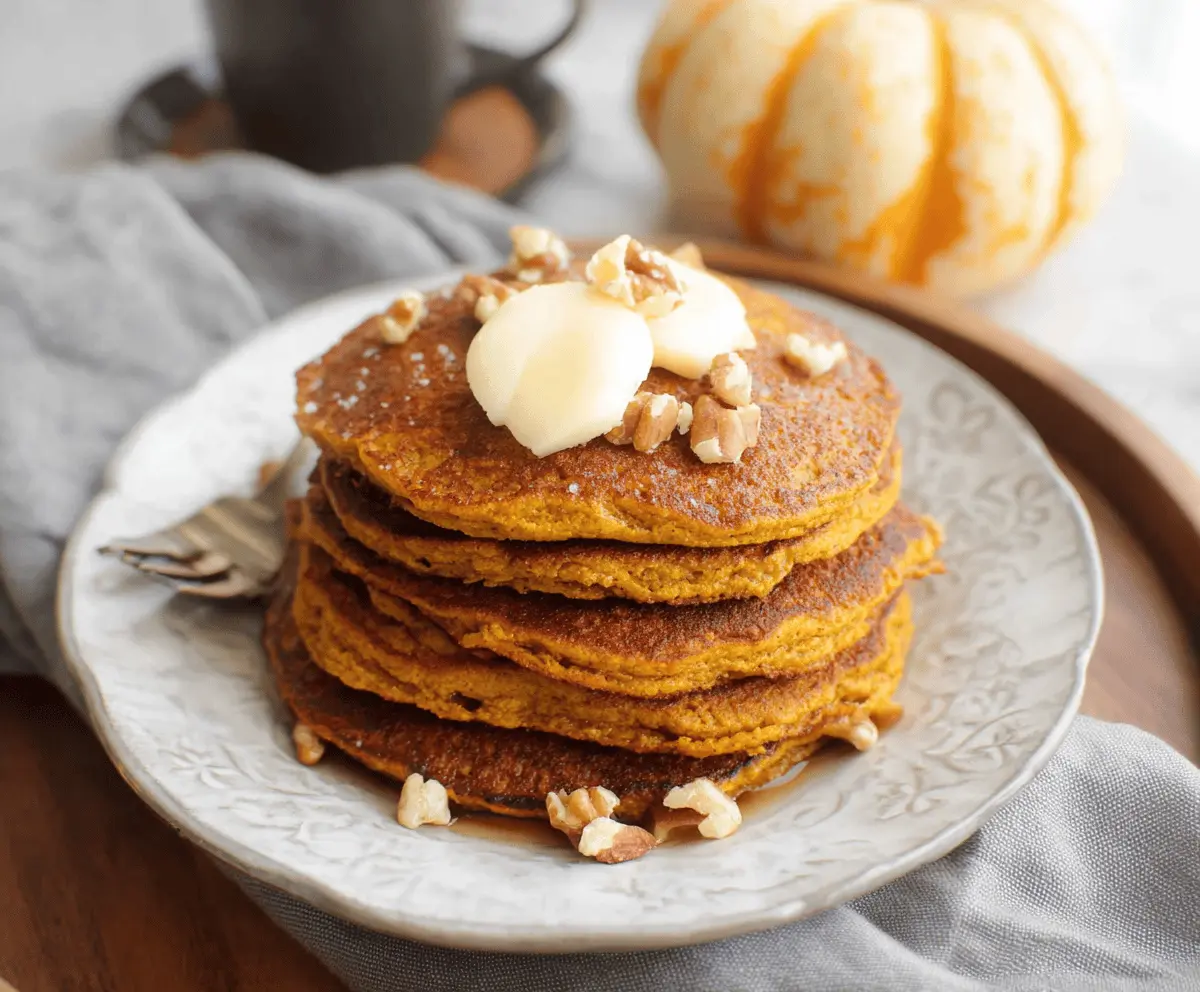 Creamy blender pumpkin oatmeal pancakes served on a plate with maple syrup and fresh berries, perfect for a healthy breakfast.