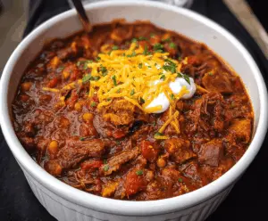 Spicy and hearty brisket chili served in a bowl with toppings and garnishes, perfect for a comforting meal