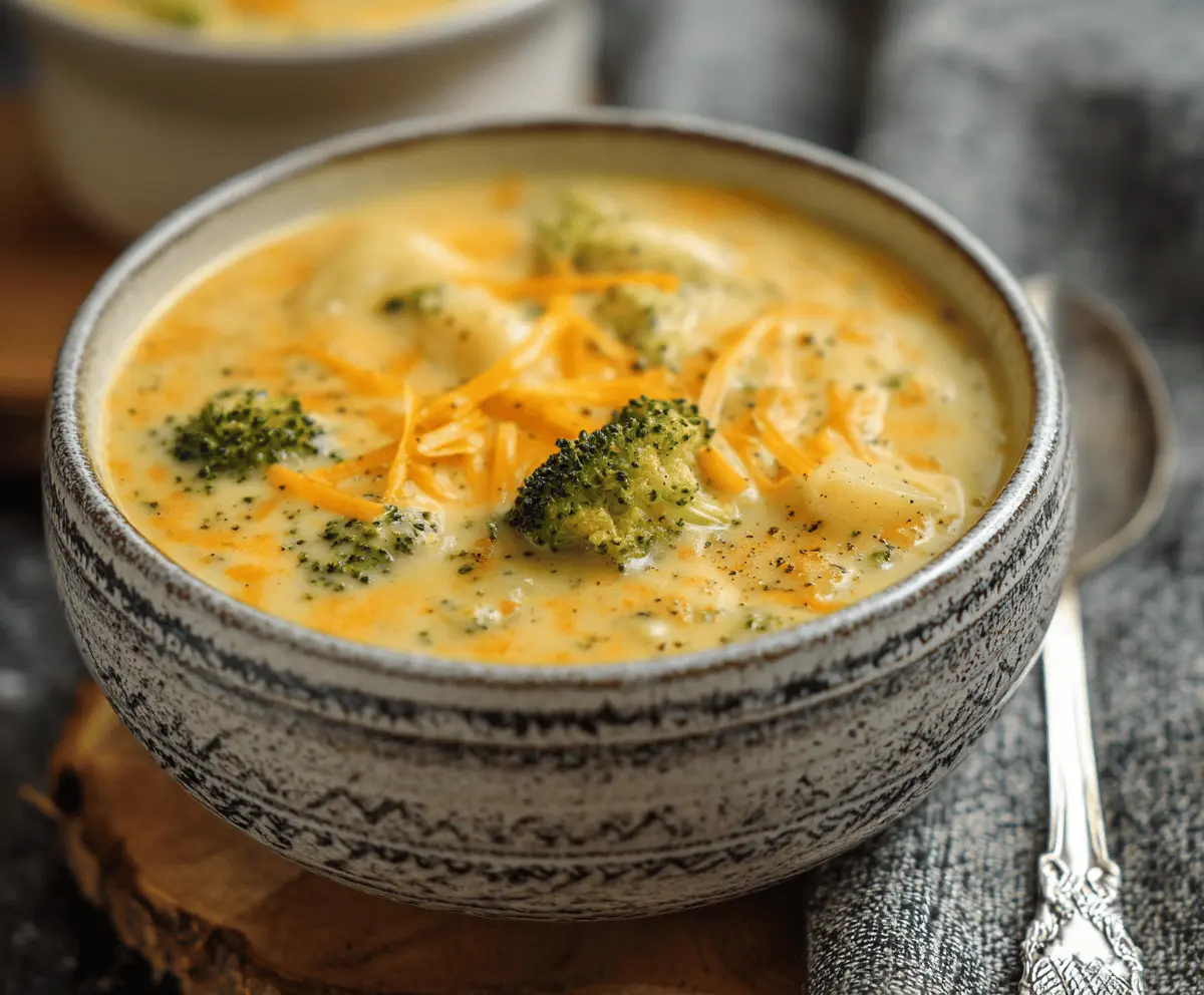 Creamy Broccoli Cheddar Potato Soup in a bowl topped with shredded cheese and fresh broccoli florets, perfect for a comforting meal.