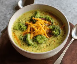 Creamy broccoli cheddar soup in a bowl topped with shredded cheddar cheese and fresh broccoli florets, served with bread on a rustic wooden table.