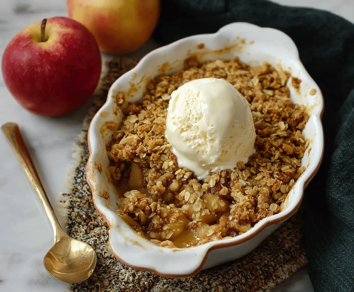 Delicious homemade brown butter apple crisp topped with golden brown crumble and fresh apple slices in a baking dish