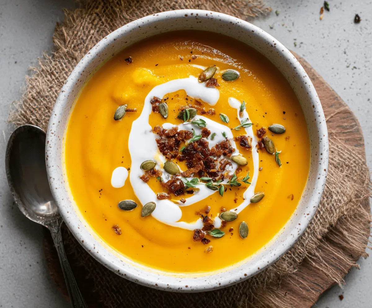 Creamy and vibrant butternut squash soup served in a bowl, garnished with fresh herbs and a drizzle of cream for a warm, comforting autumn-inspired meal.