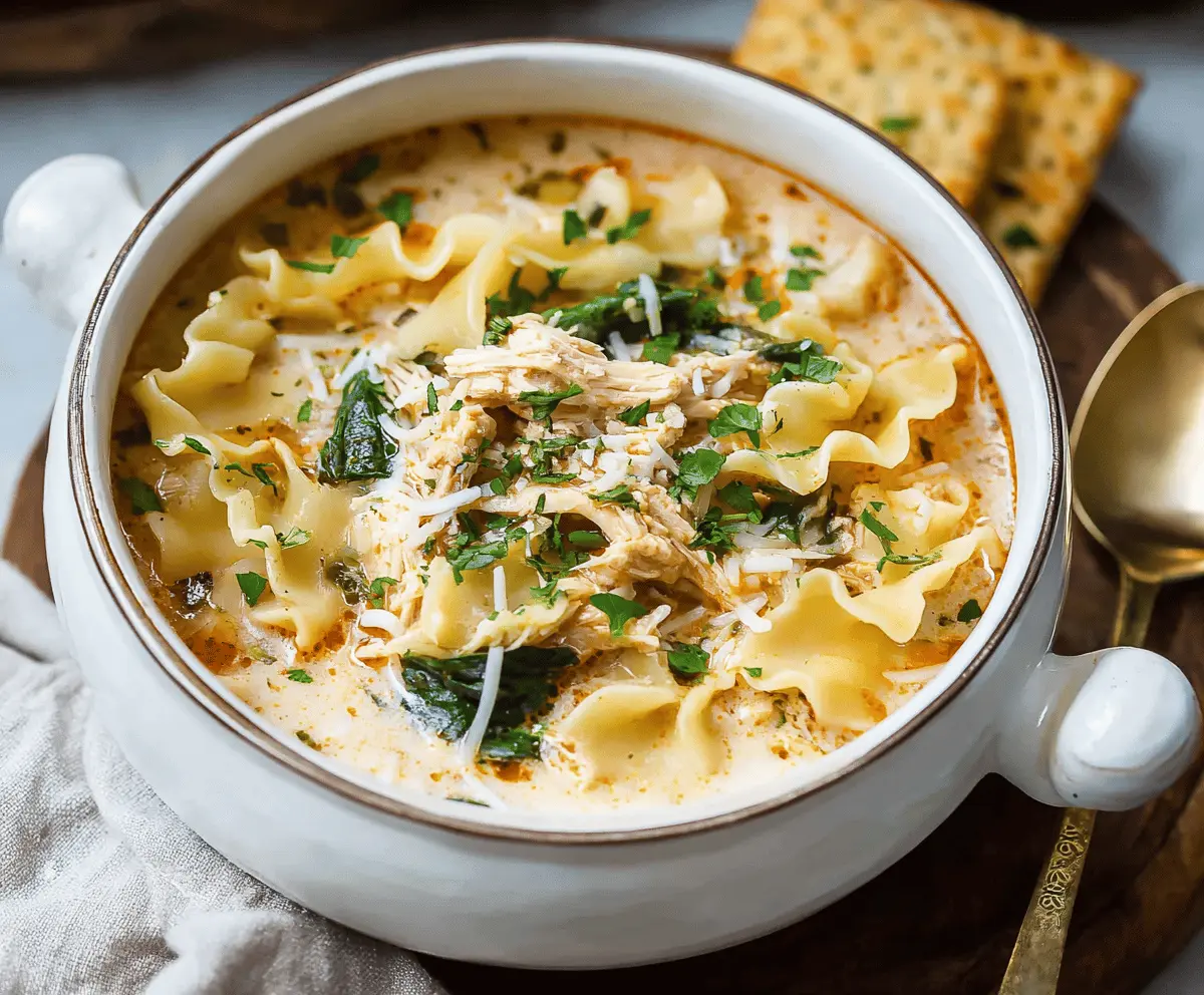 Creamy Chicken Lasagna Soup with melted cheese, spinach, and tender shredded chicken in a savory broth, topped with fresh basil and grated Parmesan cheese.