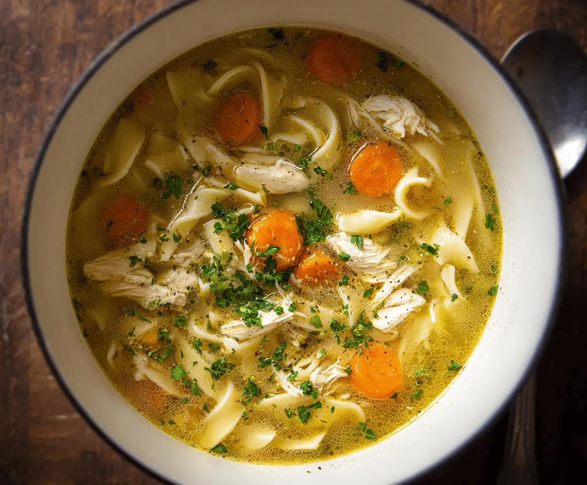 A steaming bowl of chicken noodle soup with shredded chicken, carrots, celery, and egg noodles garnished with fresh herbs on a rustic wooden table.