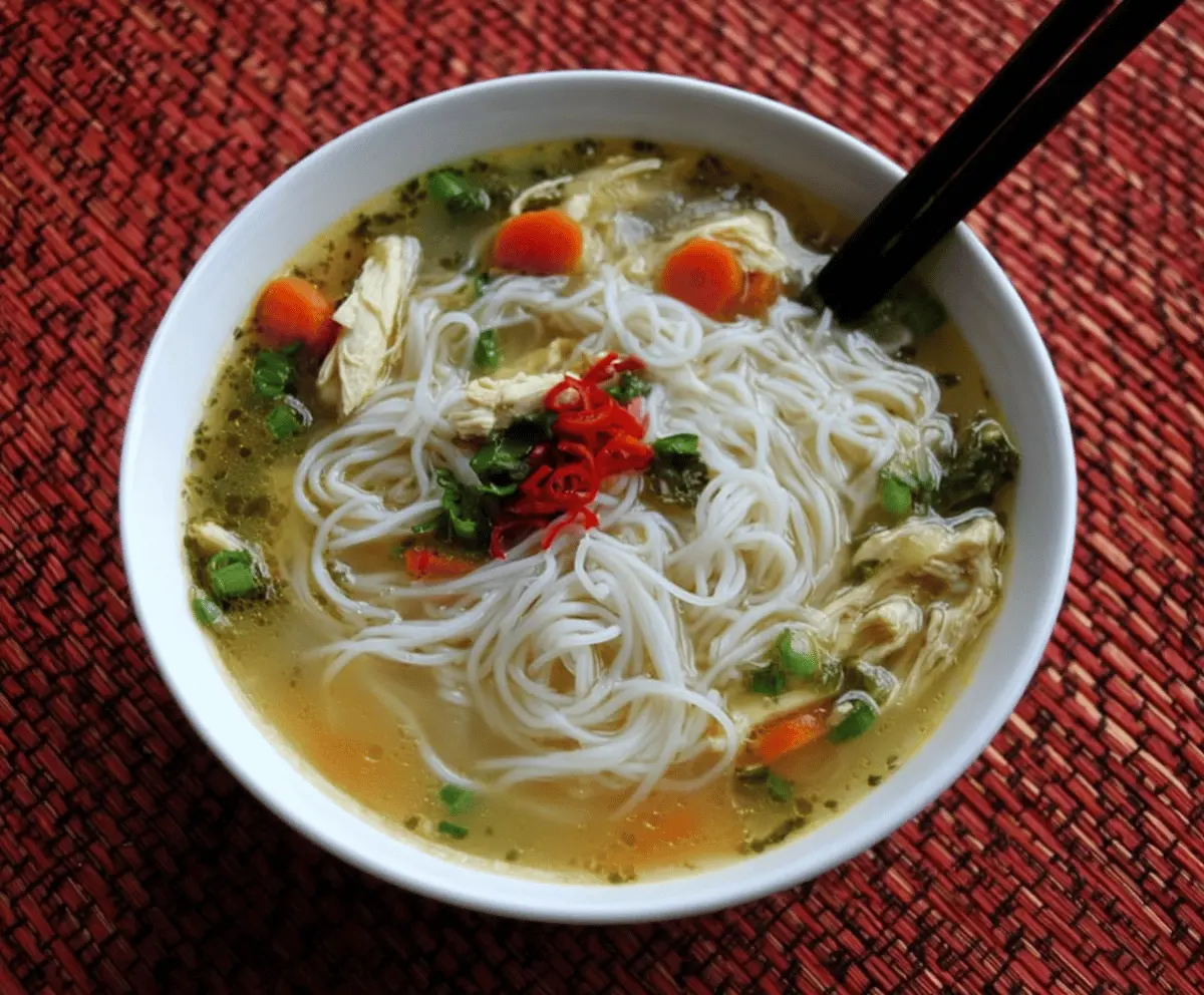 A steaming bowl of Chicken Rice Noodle Soup with tender chicken, rice noodles, fresh herbs, and vegetables on a white plate