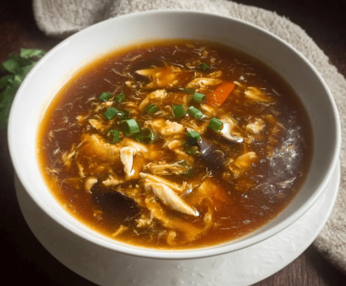 Delicious Chinese hot and sour soup with tofu, mushrooms, bamboo shoots, and vegetables in a savory spicy broth