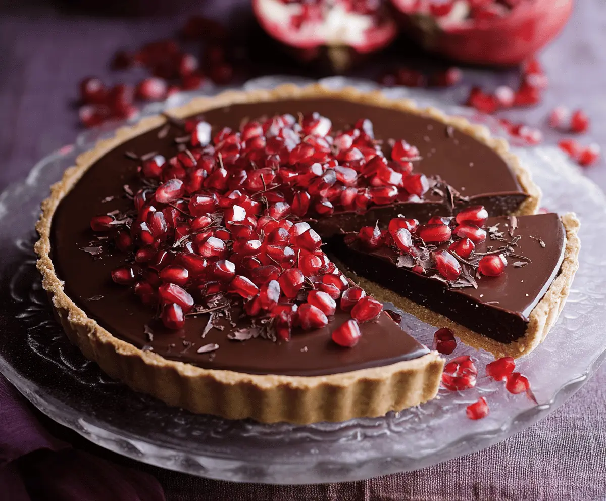 A slice of rich chocolate tart topped with vibrant pomegranate seeds, garnished with fresh mint leaves, served on a rustic plate.
