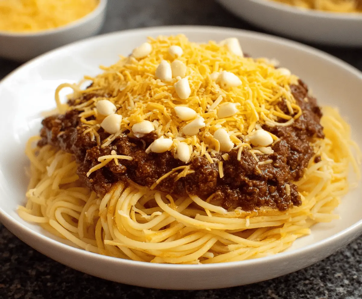Delicious bowl of Cincinnati chili topped with shredded cheese and onions, served with spaghetti noodles in a traditional Cincinnati-style chili recipe.