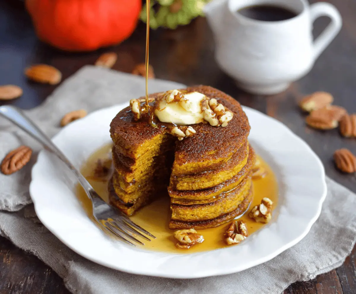 Delicious fluffy coconut flour pumpkin pancakes topped with maple syrup and fresh autumn leaves, perfect for a cozy breakfast