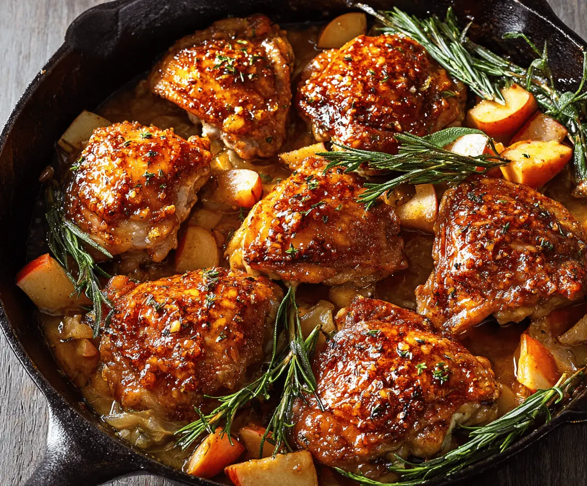 Juicy chicken glazed with sweet and spicy apple cider sauce, garnished with fresh herbs, served with roasted vegetables for a cozy fall dinner.