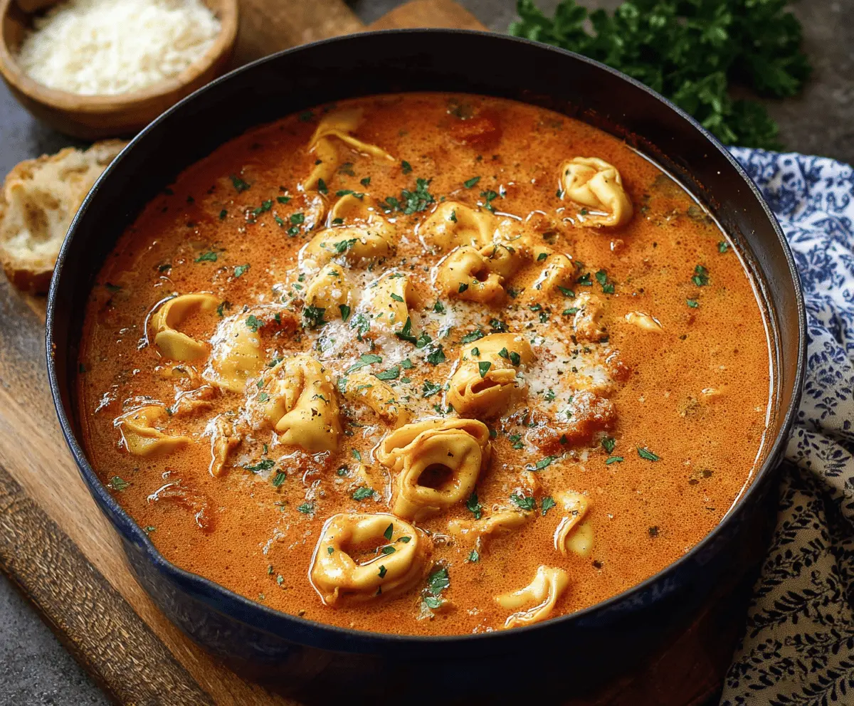 Creamy Tortellini Lasagna Soup in a bowl topped with melted cheese and fresh basil, served with crusty bread on the side