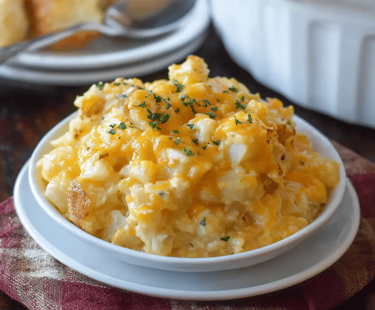 Delicious Crockpot Cheesy Potato Casserole topped with melted cheese and fresh herbs, ready to serve as a comforting side dish