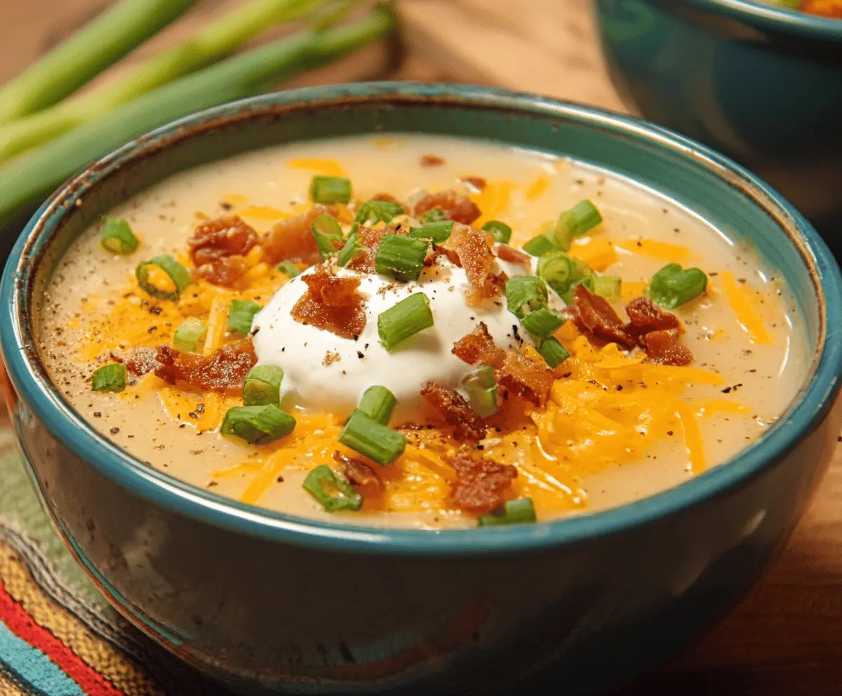 Creamy crockpot potato soup with chopped herbs and shredded cheese in a white bowl, perfect for a cozy meal