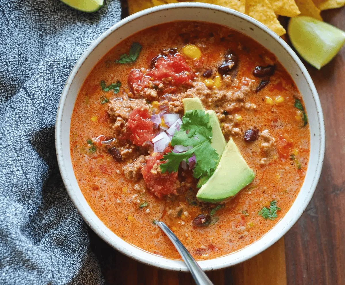 Hearty dairy-free taco soup in a bowl topped with fresh cilantro and lime wedges, perfect for a flavorful and dairy-free meal.