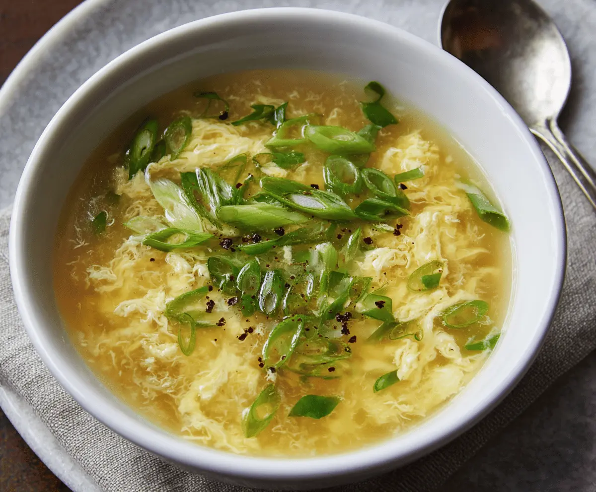 Warm bowl of Egg Drop Soup with silky egg ribbons, chopped green onions, and a clear savory broth, perfect for a comforting appetizer.