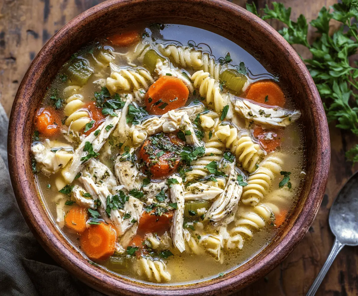 A steaming bowl of garlic herb chicken noodle soup with tender chicken, fresh herbs, vegetables, and noodles, served in a white bowl.