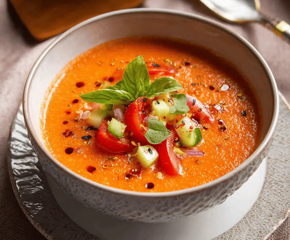 Refreshing cold gazpacho served in a glass bowl with fresh vegetables and herbs, perfect for a summer appetizer.