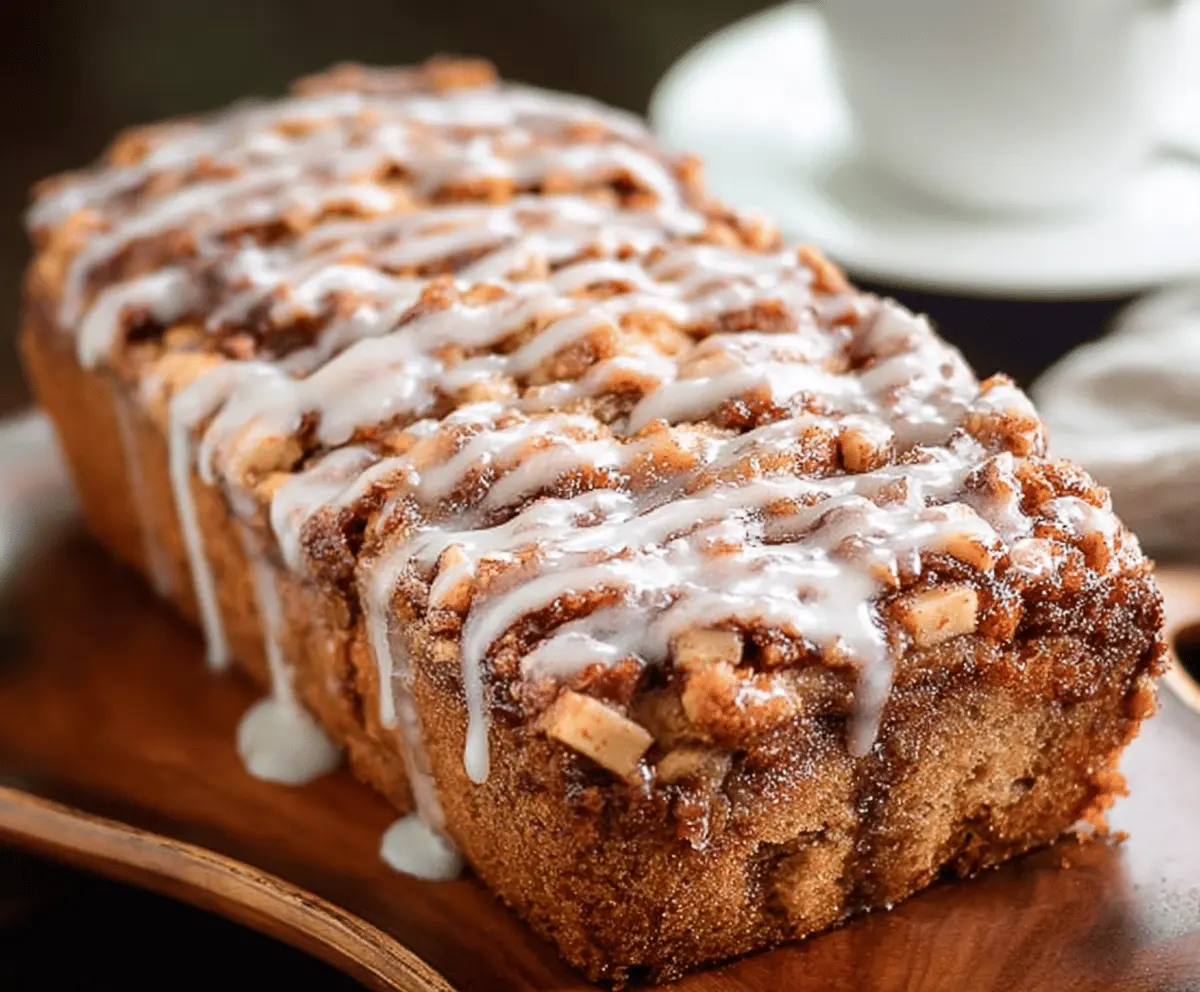 Delicious glazed apple cinnamon fritter bread topped with a shiny sugar glaze, featuring slices of fresh apples and a cinnamon-spiced crumb topping