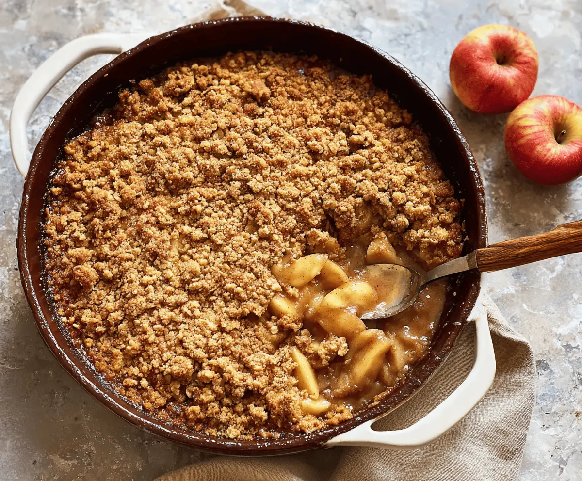 Delicious gluten-free apple crisp topped with golden oats and cinnamon served in a white dish