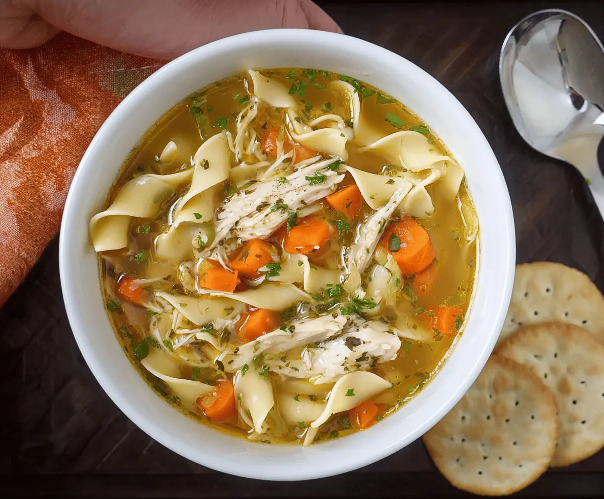 A bowl of homemade Grandma’s Chicken Noodle Soup with tender chicken, fresh vegetables, and hearty noodles served hot.