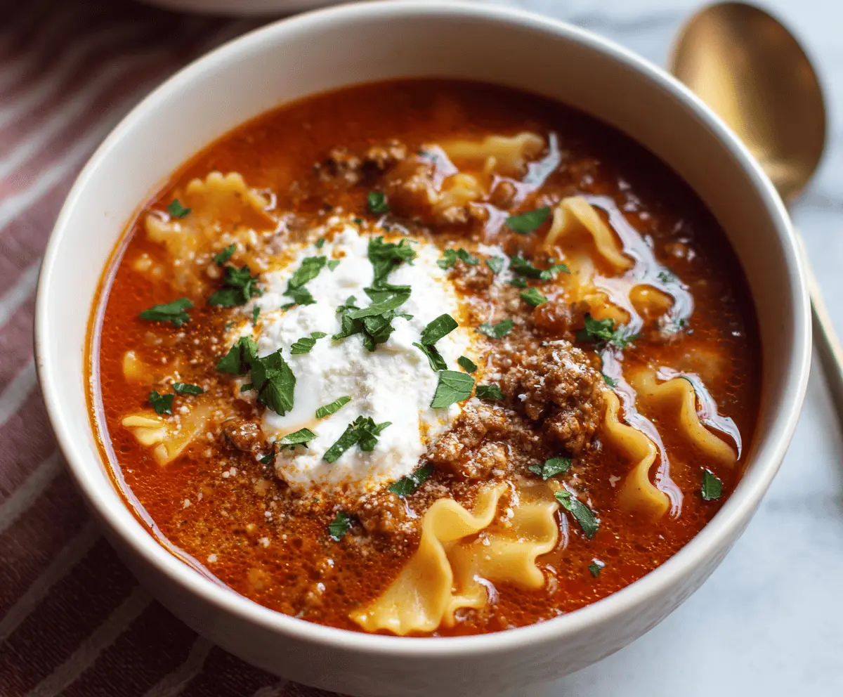 Hearty Ground Beef Lasagna Soup with melted cheese, pasta, and fresh herbs in a bowl