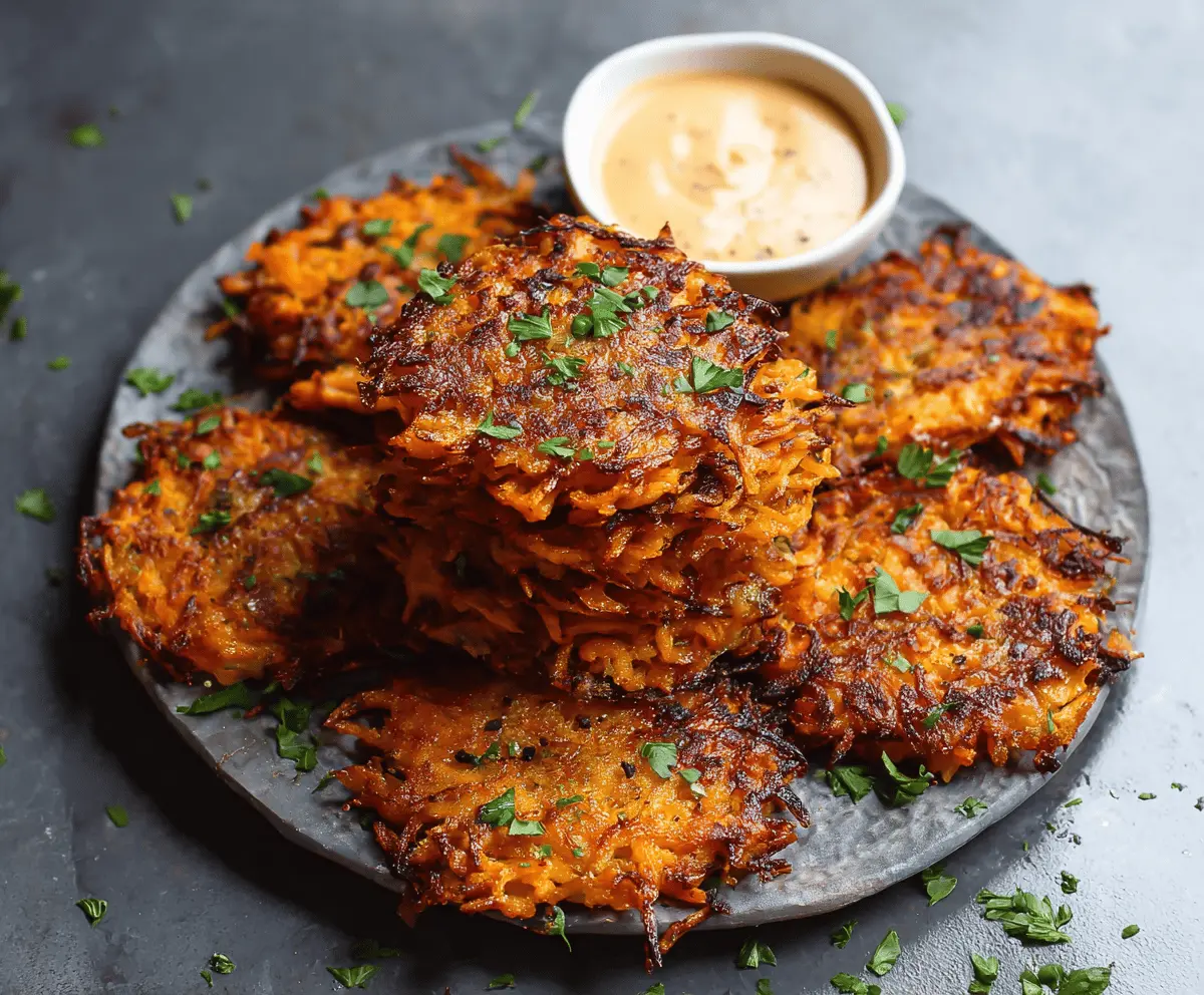 Golden crispy healthy sweet potato hash browns served on a white plate, topped with fresh herbs, perfect for a nutritious breakfast or brunch.