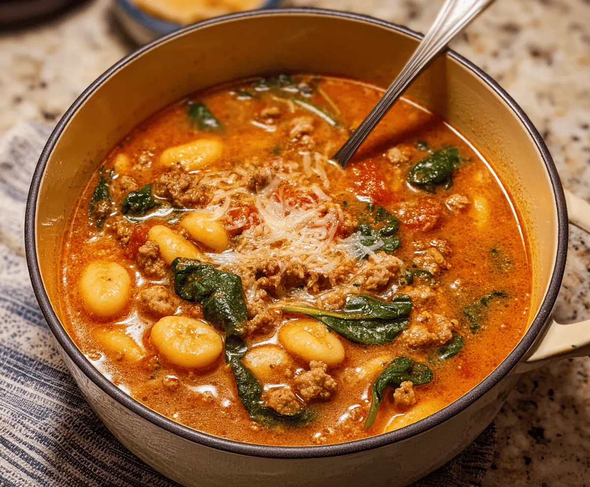 A bowl of hearty sausage gnocchi soup topped with fresh herbs, featuring tender gnocchi, slices of sausage, and colorful vegetables in a comforting broth.