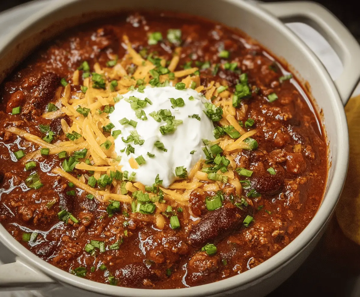 Delicious homemade chili in a bowl topped with shredded cheese and fresh herbs, ready to serve