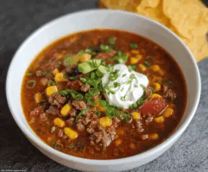 Delicious Instant Pot Beef Taco Soup in a bowl garnished with fresh cilantro and shredded cheese, ready to serve